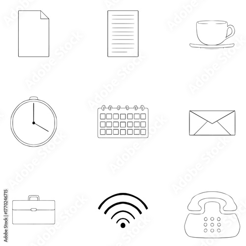 Working Place Office icons set Outline in Hand Draw Doodle illustration Style