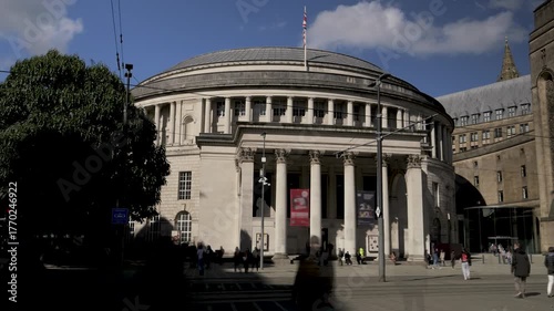 4K: Timelapse of Manchester Central Library, England, UK. Many people and Trams pass by. Stock Video Clip Footage