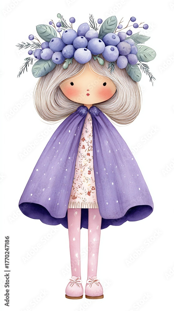 Fototapeta premium Enchanting Berry Maiden: A charming illustration portrays a young maiden adorned with a delicate crown of blueberries, embodying whimsical beauty and nature's innocence. 