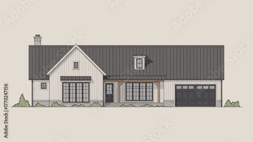 Illustration of a modern farmhouse with a metal roof and white siding on a neutral background view front