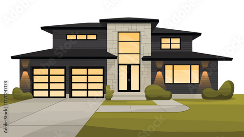 Illustration of a modern two story house with a two car garage and a well manicured lawn area
