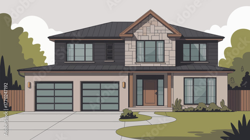 Illustrated two story house with a stone accent gable and a two car garage on a cloudy day scene