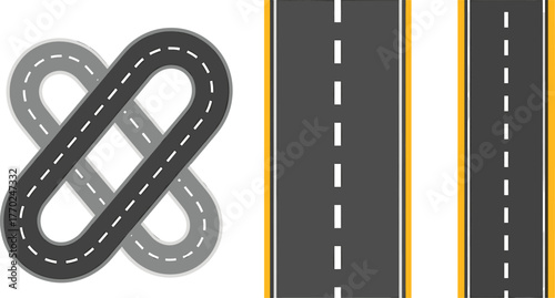 Infinity Loop Road Intersection and Straight Road Sections Keywords: road, highway, intersection, traffic, transportation, asphalt, street, lane, driving, travel, journey, route, direction