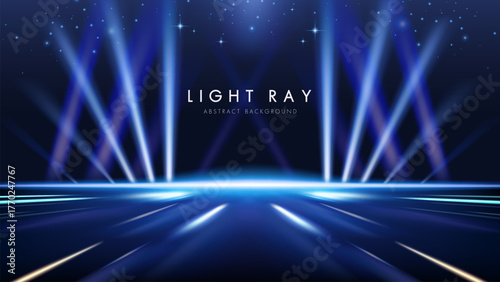 Bright blue spotlights on a dark stage floor. Futuristic abstract stage background, light rays, and glowing lines on the floor.