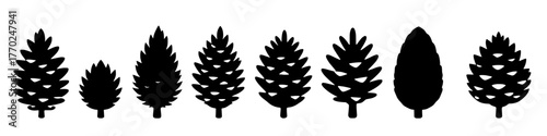 silhouette illustration of assorted pinecones in a row, set against a white background