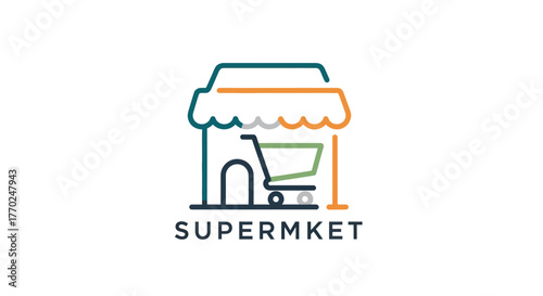 Modern Supermarket Logo with Shopping Cart and Storefront Icon.