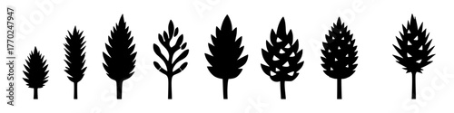 various stylized black silhouettes of plants, herbs, or wheat stalks on a white background