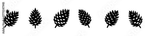 six pine cones in various positions, presented as black silhouette vector illustrations on a white background