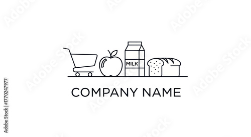 Minimalist Grocery Logo Featuring Shopping Cart, Apple, Milk, and Bread.