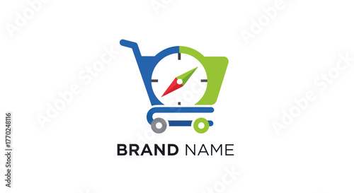 Shopping cart compass logo representing direction and brand navigation.