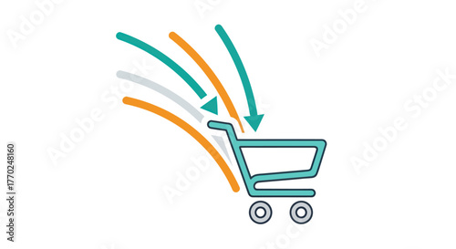 Shopping cart with arrows indicating adding items to the cart for purchase.
