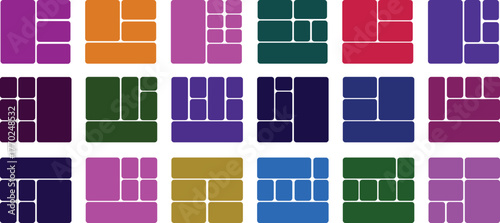 Colorful geometric bento grid layout templates with rounded corners A versatile collection of trendy geometric layout templates featuring rounded corners, perfect for creating visually appealing