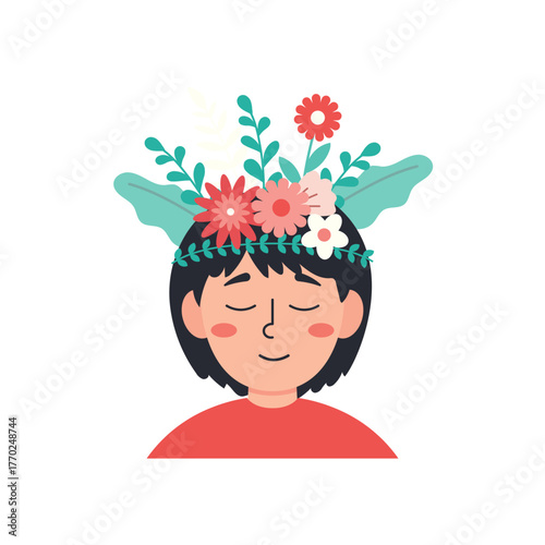 Happy Mind Girl Character with Flower Crown