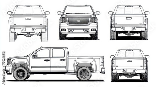 Pickup Truck Profile. Universal Isolated Projection with Flank and Aerial Views