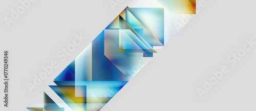 Abstract geometric shapes overlap, creating vibrant color gradients. Blues, yellows, whites dominate composition. Modern digital art.