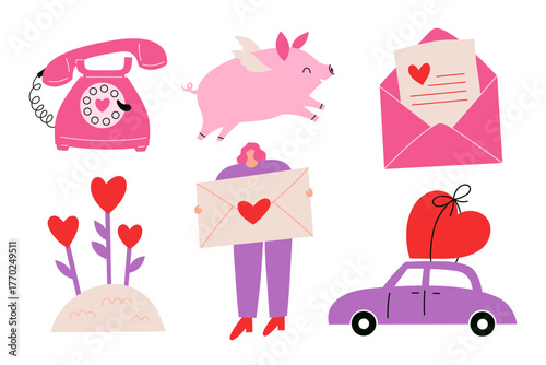 Cartoon stickers for St. Valentine's Day on February 14 in flat style. Romantic elements, love envelope, hearts