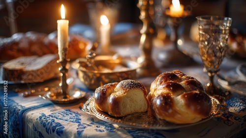 Shabbat Dinner. Candlelight Celebration with Challah Bread on Culture Rest Day