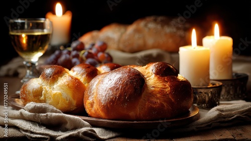 Shabbat Dinner. Celebrating Rest-Day with Candlelight and Challah Bread