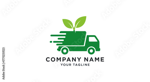 Eco friendly green delivery truck logo with leaves.