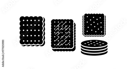 Illustration of various types of cookies and crackers in black and white.