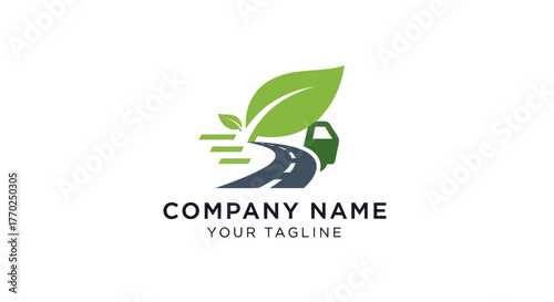 Eco friendly transportation logo with a car on a road and a green leaf.