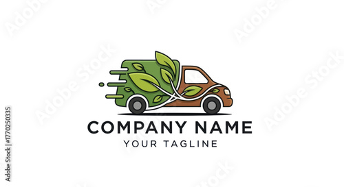 Eco friendly delivery van logo with green leaves moving fast.