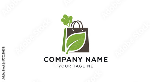Eco friendly shopping bag logo with green leaves for a natural grocery store.