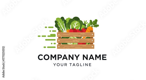 Fast grocery delivery service logo with a wooden crate of vegetables.