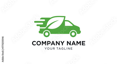 Eco friendly green delivery truck logo with leaf symbol.