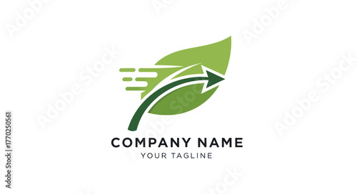 Green leaf with arrow logo representing growth and sustainability.