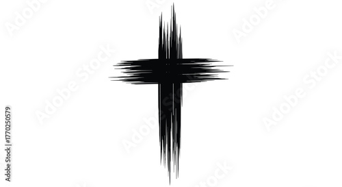 A distressed black brushstroke cross stands prominently against a stark white background, conveying themes of faith, spirituality, and remembrance.