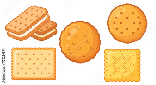 Illustration of various crackers and sandwich cookies on a white background.