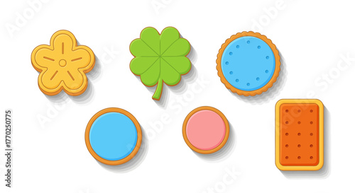 A collection of six different types of cookies and biscuits, each with a unique shape and design, arranged on a white background.