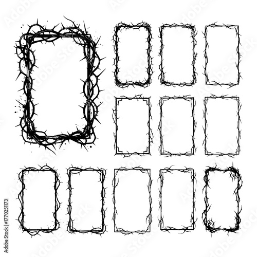Black Thorn Frame Borders Vector Set – Gothic Spiked Bramble Frame Collection for Dark Aesthetic Design