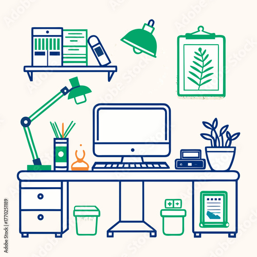 Illustration of a desk with computer, lamp, and office supplies