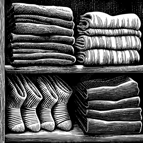 A vintage illustration of neatly arranged stacks of folded clothes on shelves
