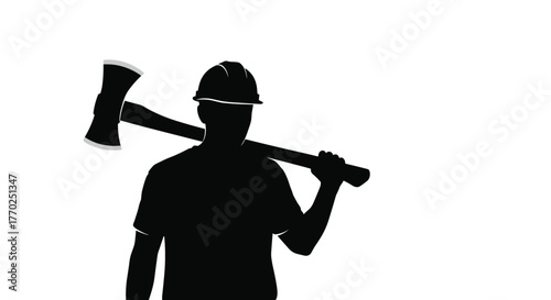 Silhouette of a worker in a hard hat carrying a double-bladed axe over their shoulder, against a white background.