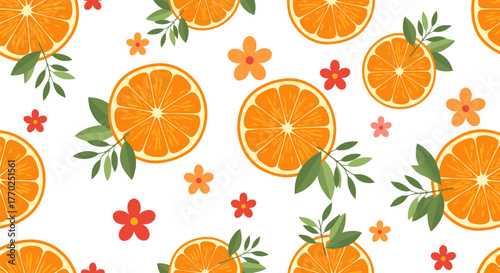 Vector seamless pattern with fresh orange fruit slices, green leaves, and colorful flowers on a white background for summer design f
