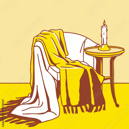 A candlelit table and a draped chair creating a cozy scene in yellow