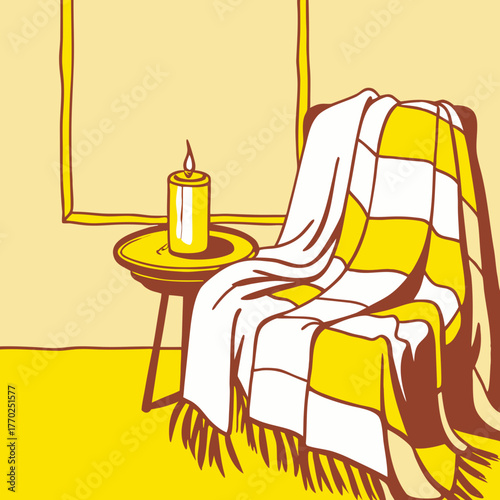 A cozy scene featuring a candlelit table and a draped chair in yellow