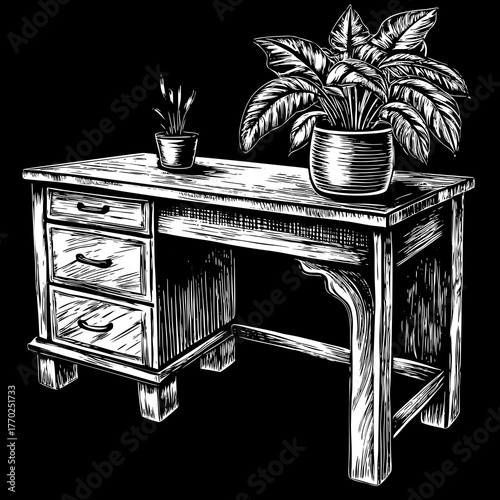 Illustration of a wooden desk with drawers and potted plants on a