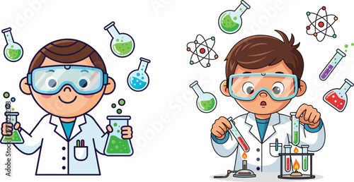 Cartoon young scientists, kids in lab coats, chemistry experiment, STEM education, goggles, bubbling flasks, atomic symbols, vector illustration, science discovery, classroom activity