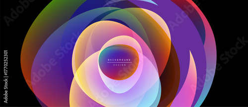 Abstract colorful layers create dynamic circular design. Vibrant hues blend, forming modern background element. Smooth gradients suggest movement.