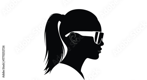 A sleek black silhouette of a woman in profile, sporting a high ponytail and trendy futuristic shield sunglasses, embodying modern style and anonymity.