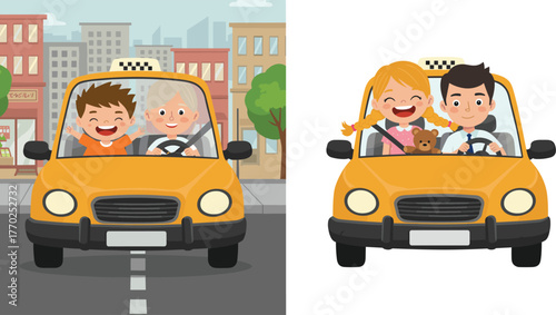 Children and passengers in yellow taxis, cartoon city transport scene, cheerful ride with teddy bear, urban travel moment, vector illustration comparison