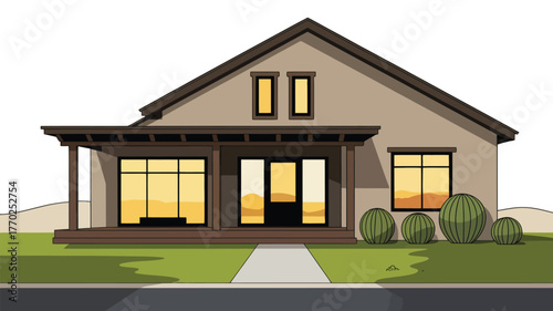 Illustration of a single story house with a porch and several round bushes on the front lawn area
