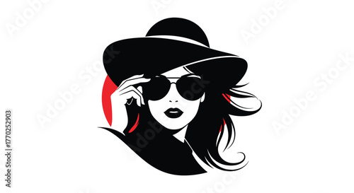 Stylish woman in a wide-brimmed hat and sunglasses, epitomizing modern elegance in a graphic vector illustration.