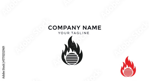 Flaming barbecue grill icon with fire for restaurant logo design.