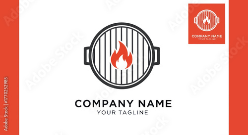 Barbecue grill logo with fire flame and company name for branding.