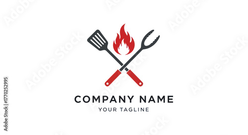 Barbecue grill tools logo with crossed spatula and fork over a flame.